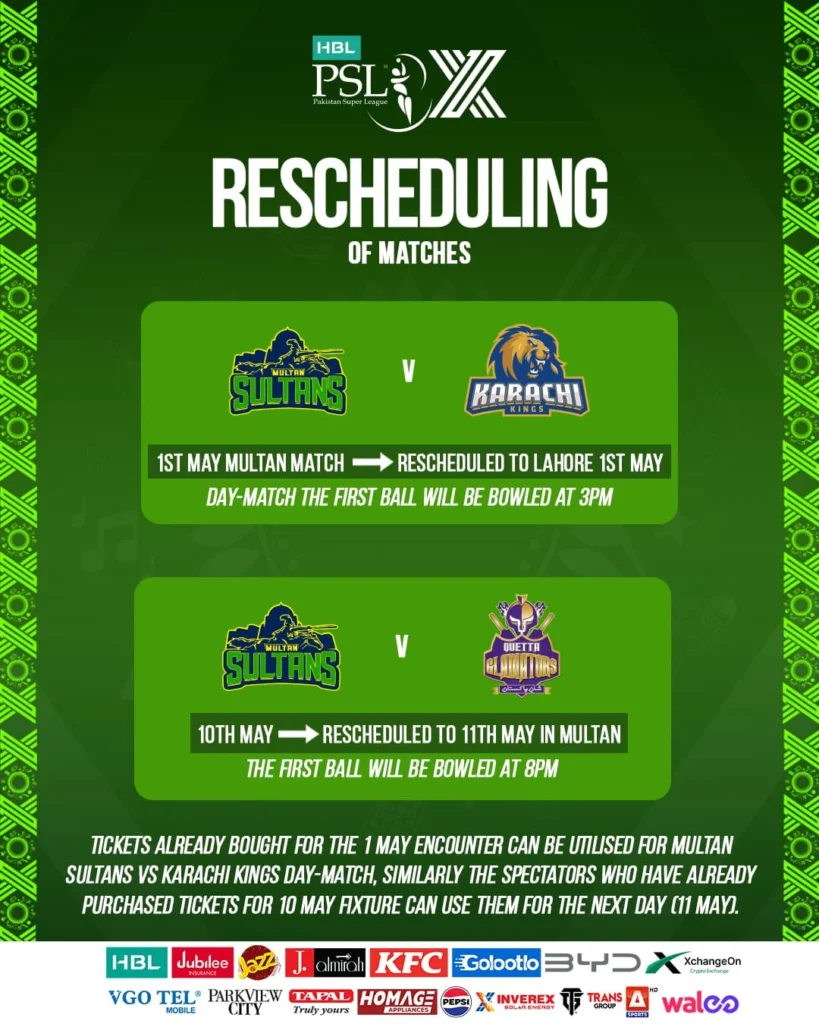 PCB reschedules two PSL X matches amid heatwave 2 PSL X match rescheduled due to intense heatwave in Pakistan